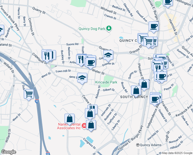 map of restaurants, bars, coffee shops, grocery stores, and more near 21 Grossman Street in Quincy