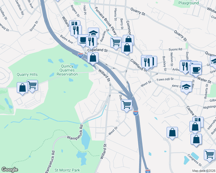 map of restaurants, bars, coffee shops, grocery stores, and more near 459 Willard Street in Quincy