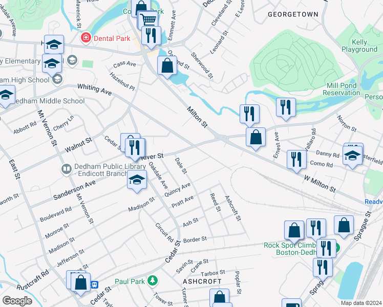 map of restaurants, bars, coffee shops, grocery stores, and more near 156 River Street in Dedham