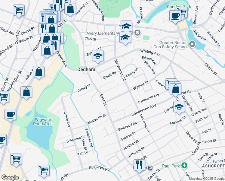 map of restaurants, bars, coffee shops, grocery stores, and more near 55 Park Street in Dedham