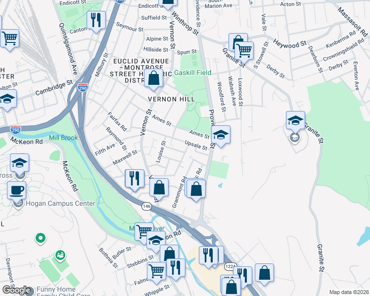 map of restaurants, bars, coffee shops, grocery stores, and more near 66 Upsala Street in Worcester