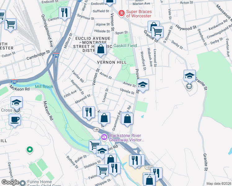 map of restaurants, bars, coffee shops, grocery stores, and more near 8 Lund Street in Worcester