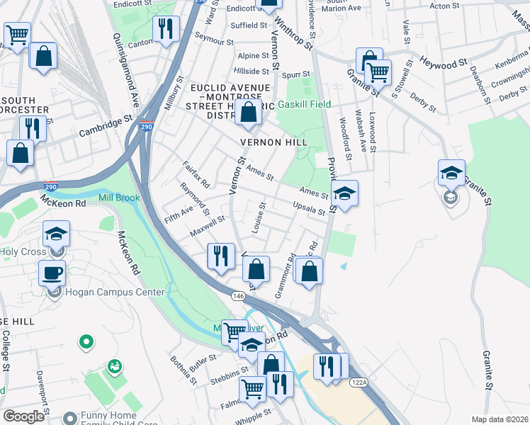 map of restaurants, bars, coffee shops, grocery stores, and more near 33 Louise Street in Worcester