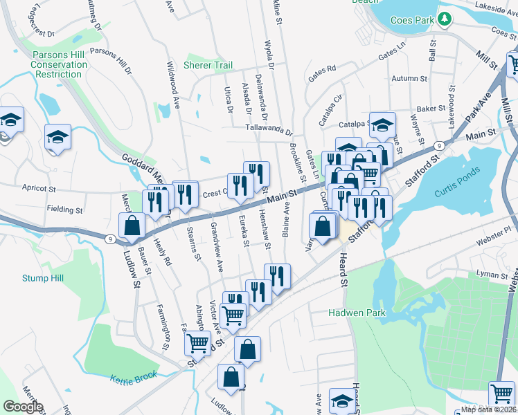 map of restaurants, bars, coffee shops, grocery stores, and more near 1333 Main Street in Worcester