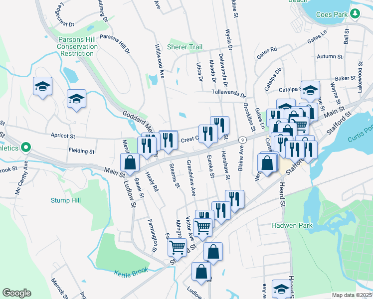 map of restaurants, bars, coffee shops, grocery stores, and more near 6 Apricot Street in Worcester