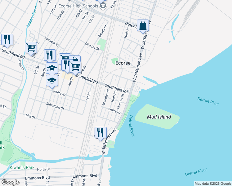map of restaurants, bars, coffee shops, grocery stores, and more near 4469 High Street in Ecorse