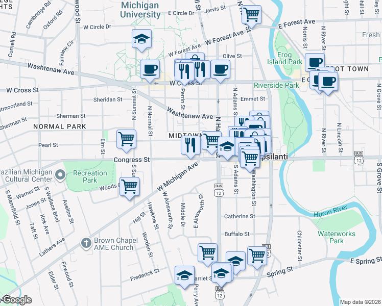 map of restaurants, bars, coffee shops, grocery stores, and more near 520 Congress Street in Ypsilanti