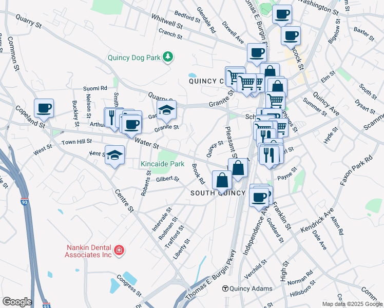 map of restaurants, bars, coffee shops, grocery stores, and more near 291 Water Street in Quincy