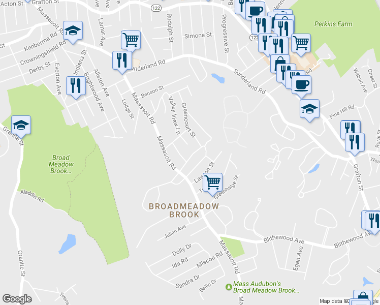 map of restaurants, bars, coffee shops, grocery stores, and more near 17 Stoneham Road in Worcester
