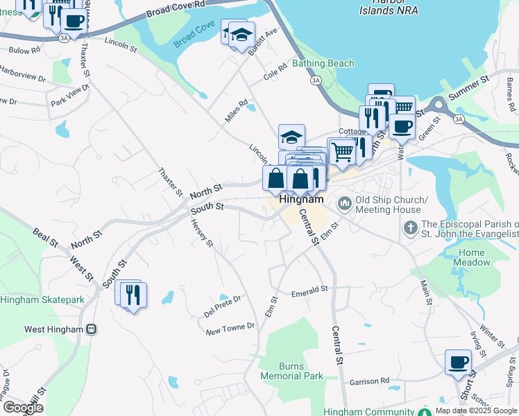 map of restaurants, bars, coffee shops, grocery stores, and more near 2 Forget Me not Lane in Hingham