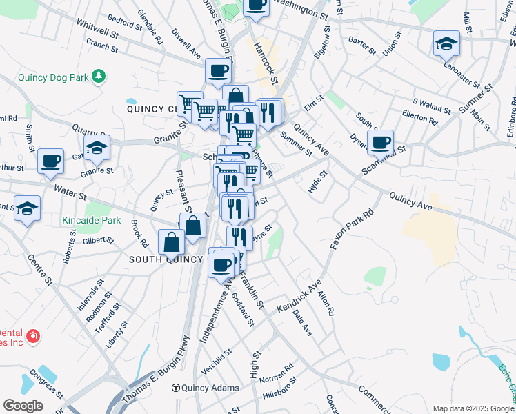 map of restaurants, bars, coffee shops, grocery stores, and more near 40 Pearl Street in Quincy