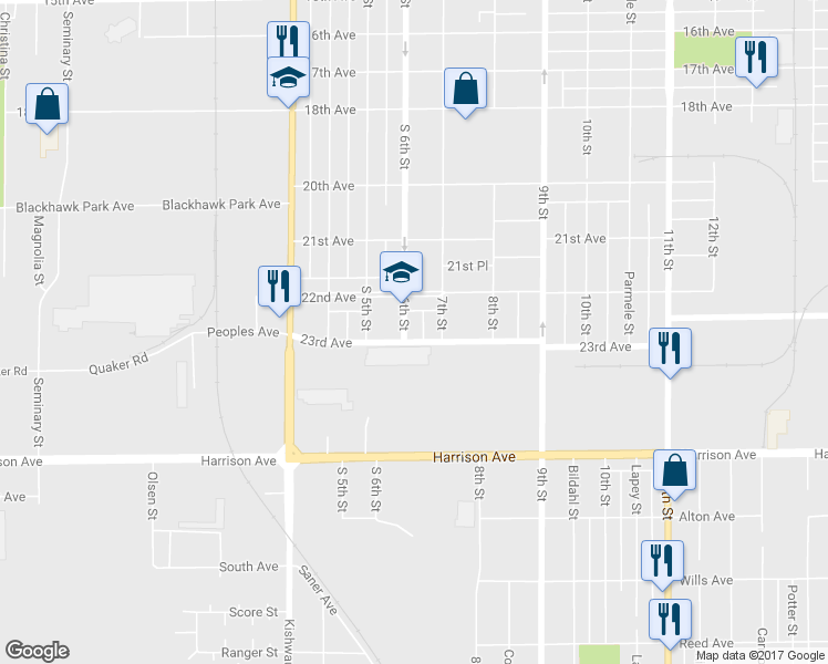 map of restaurants, bars, coffee shops, grocery stores, and more near 2332 South 6th Street in Rockford