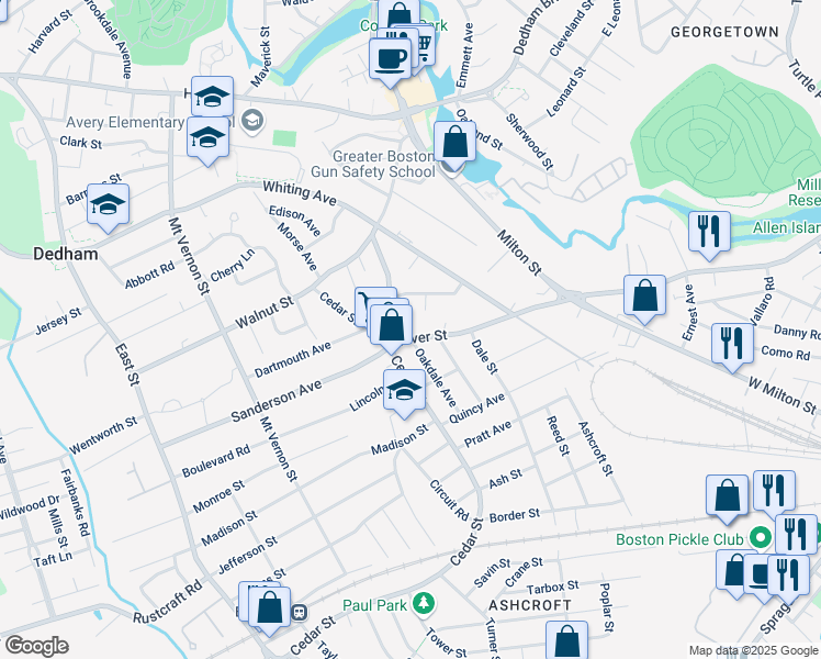 map of restaurants, bars, coffee shops, grocery stores, and more near 88 Oakdale Avenue in Dedham