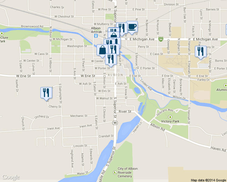 map of restaurants, bars, coffee shops, grocery stores, and more near 114 West Elm Street in Albion