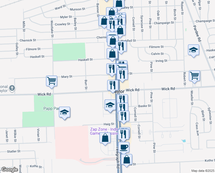 map of restaurants, bars, coffee shops, grocery stores, and more near 24128 Wick Road in Taylor