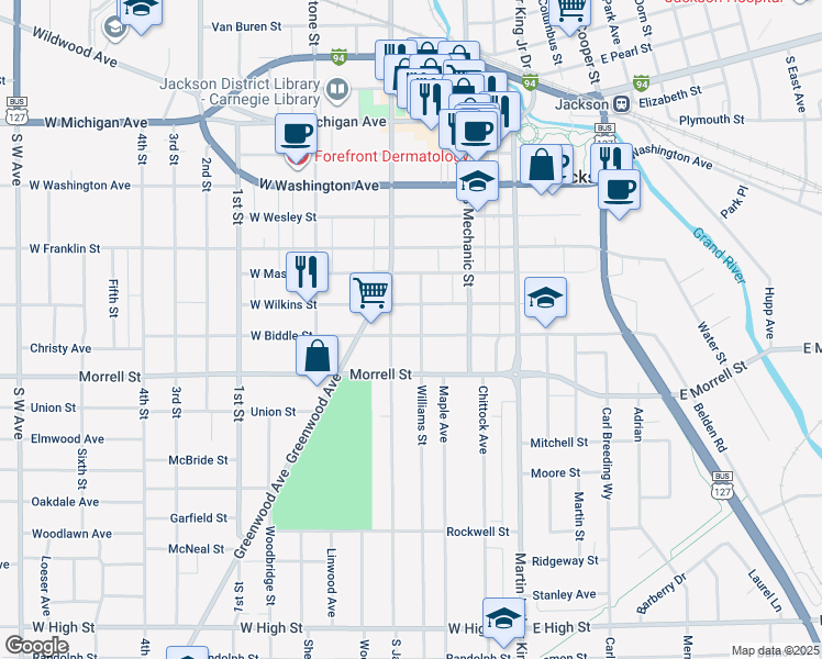 map of restaurants, bars, coffee shops, grocery stores, and more near 134 West Biddle Street in Jackson