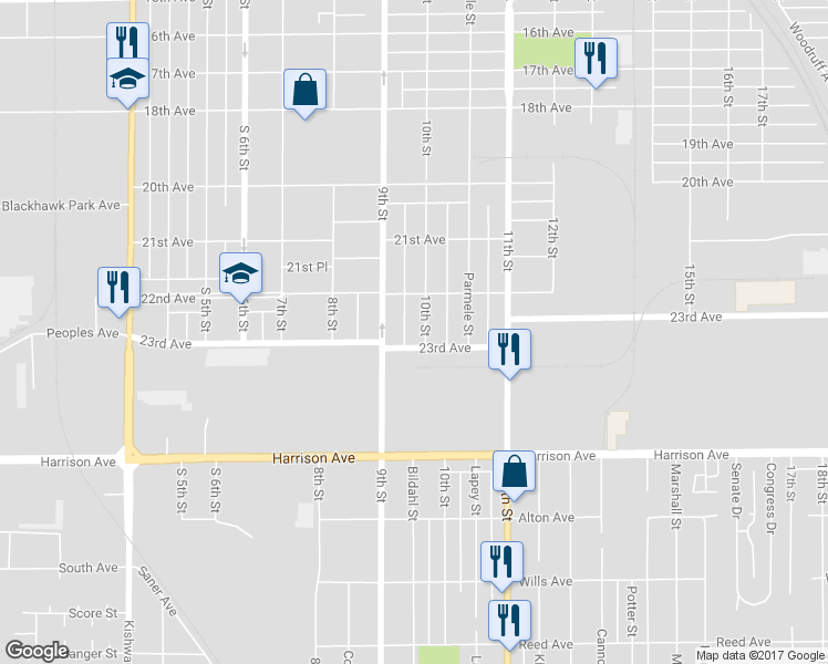 map of restaurants, bars, coffee shops, grocery stores, and more near 2333 10th Street in Rockford