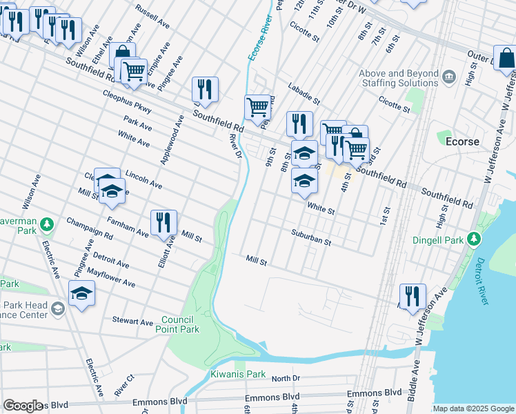 map of restaurants, bars, coffee shops, grocery stores, and more near 4575 9th Street in Ecorse