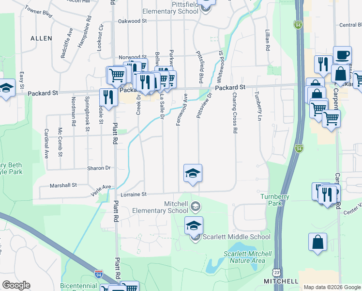 map of restaurants, bars, coffee shops, grocery stores, and more near 3245 Fernwood Avenue in Ann Arbor