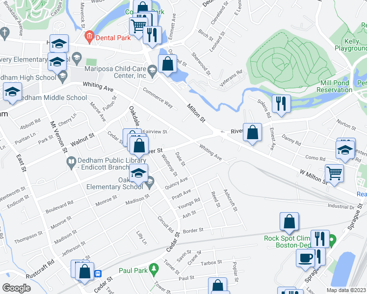 map of restaurants, bars, coffee shops, grocery stores, and more near 156 River Street in Dedham