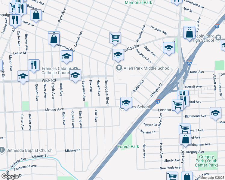 map of restaurants, bars, coffee shops, grocery stores, and more near 9298 Vine Avenue in Allen Park