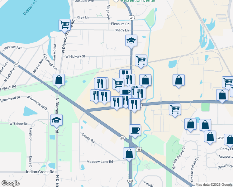 map of restaurants, bars, coffee shops, grocery stores, and more near 400 Townline Road in Mundelein