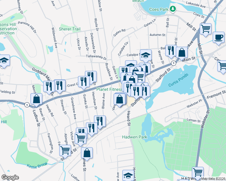 map of restaurants, bars, coffee shops, grocery stores, and more near 17 Cleveland Avenue in Worcester