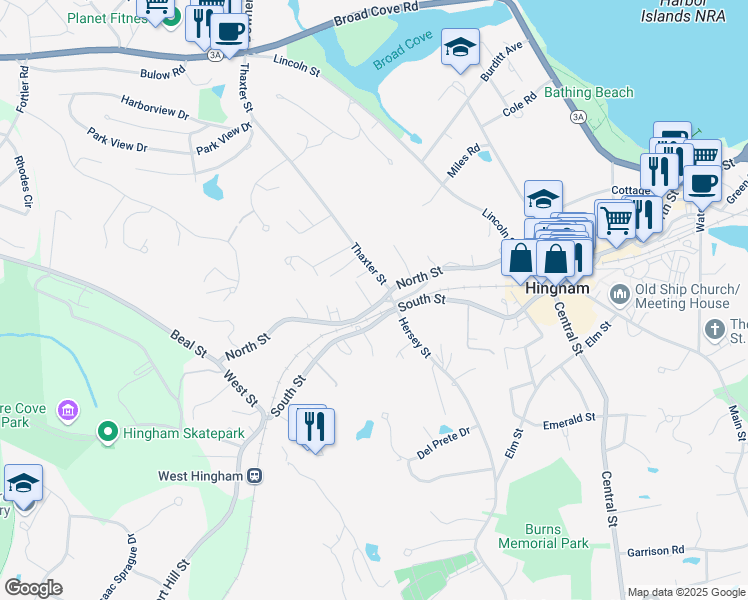 map of restaurants, bars, coffee shops, grocery stores, and more near 253 North Street in Hingham