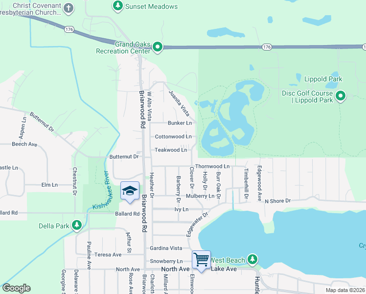 map of restaurants, bars, coffee shops, grocery stores, and more near 1340 Teakwood Lane in Crystal Lake