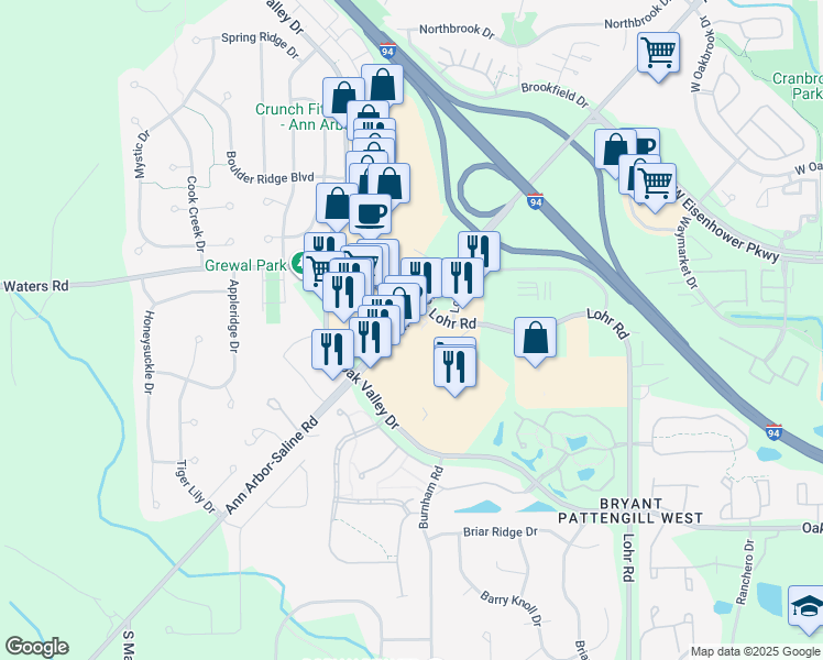 map of restaurants, bars, coffee shops, grocery stores, and more near 3141 Ann Arbor-Saline Road in Ann Arbor