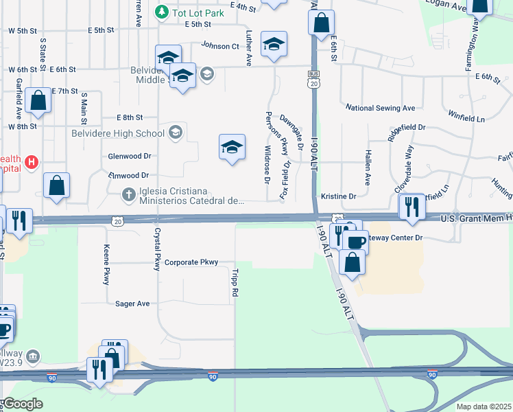 map of restaurants, bars, coffee shops, grocery stores, and more near 1708 Fox Field Drive in Belvidere