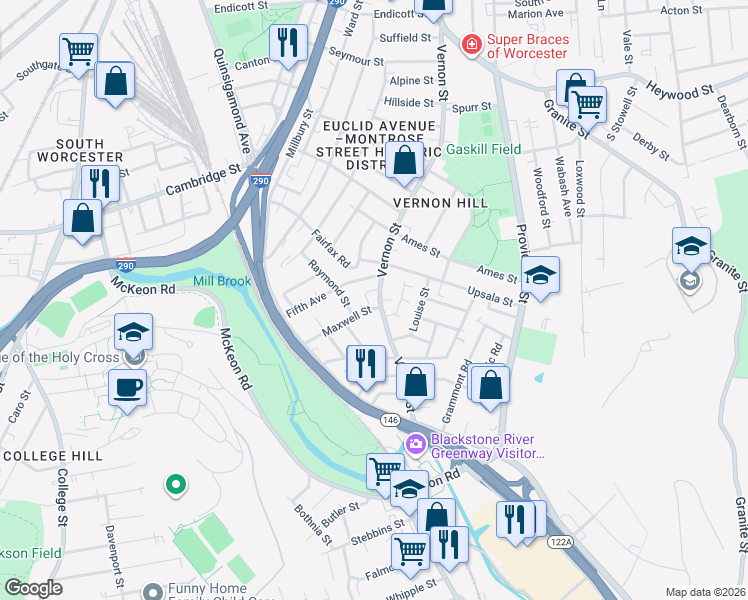 map of restaurants, bars, coffee shops, grocery stores, and more near 196 Vernon Street in Worcester