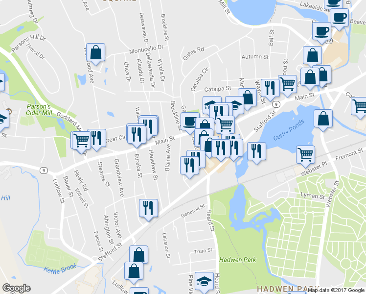 map of restaurants, bars, coffee shops, grocery stores, and more near 17 Cleveland Avenue in Worcester