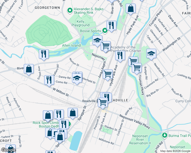 map of restaurants, bars, coffee shops, grocery stores, and more near 108 Readville Street in Boston