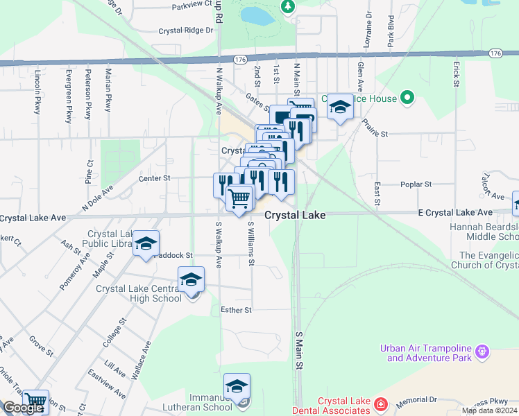 map of restaurants, bars, coffee shops, grocery stores, and more near 15 North Williams Street in Crystal Lake