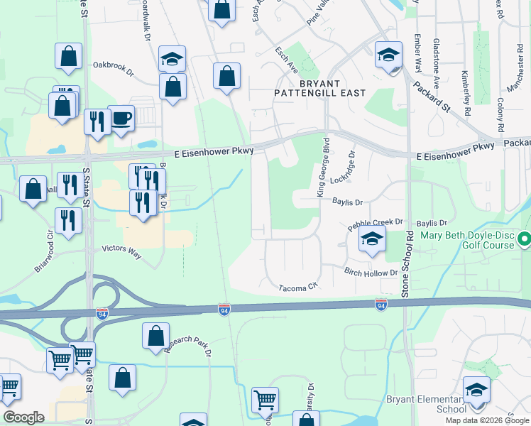 map of restaurants, bars, coffee shops, grocery stores, and more near 3304 Alpine Drive in Ann Arbor