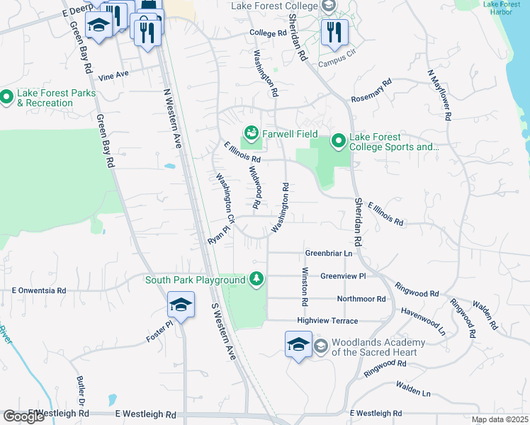 map of restaurants, bars, coffee shops, grocery stores, and more near 608 Ryan Place in Lake Forest
