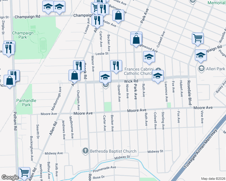 map of restaurants, bars, coffee shops, grocery stores, and more near 259 Becker Avenue in Allen Park