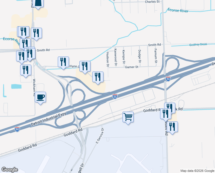 map of restaurants, bars, coffee shops, grocery stores, and more near 30325 Flynn Drive in Romulus