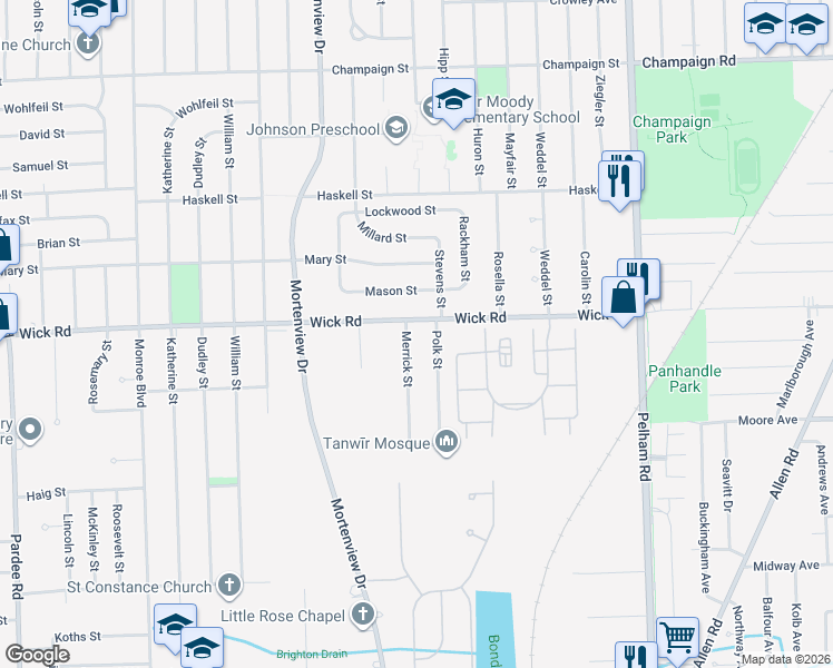 map of restaurants, bars, coffee shops, grocery stores, and more near 9219 Merrick Street in Taylor