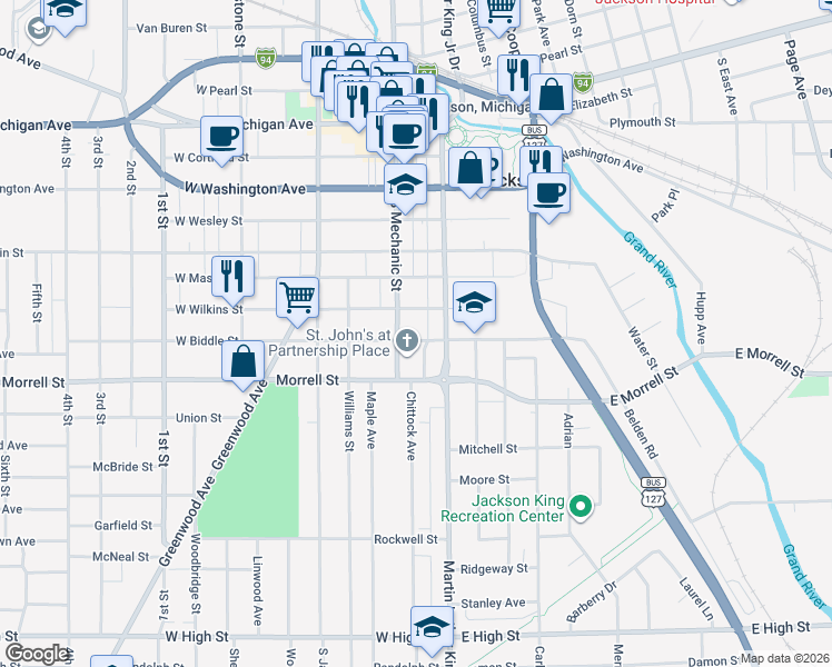 map of restaurants, bars, coffee shops, grocery stores, and more near 106 East Biddle Street in Jackson