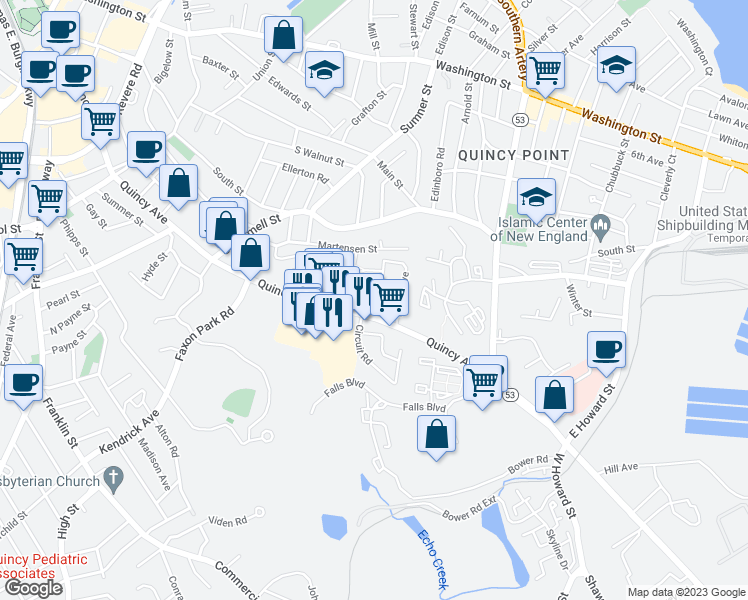 map of restaurants, bars, coffee shops, grocery stores, and more near 14 Charlesmount Avenue in Quincy