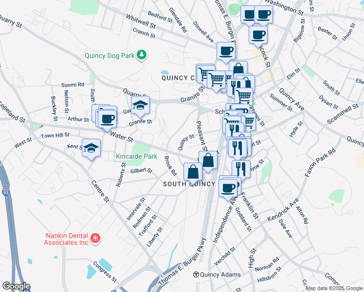 map of restaurants, bars, coffee shops, grocery stores, and more near 92 Quincy Street in Quincy