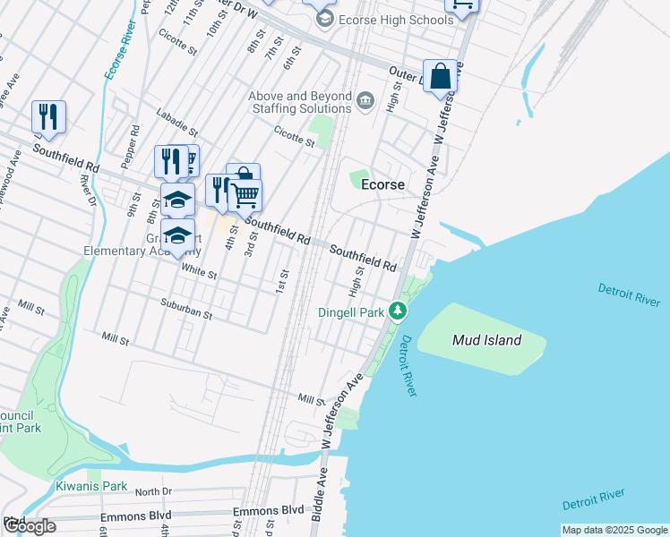 map of restaurants, bars, coffee shops, grocery stores, and more near 4480 Webster Street in Ecorse
