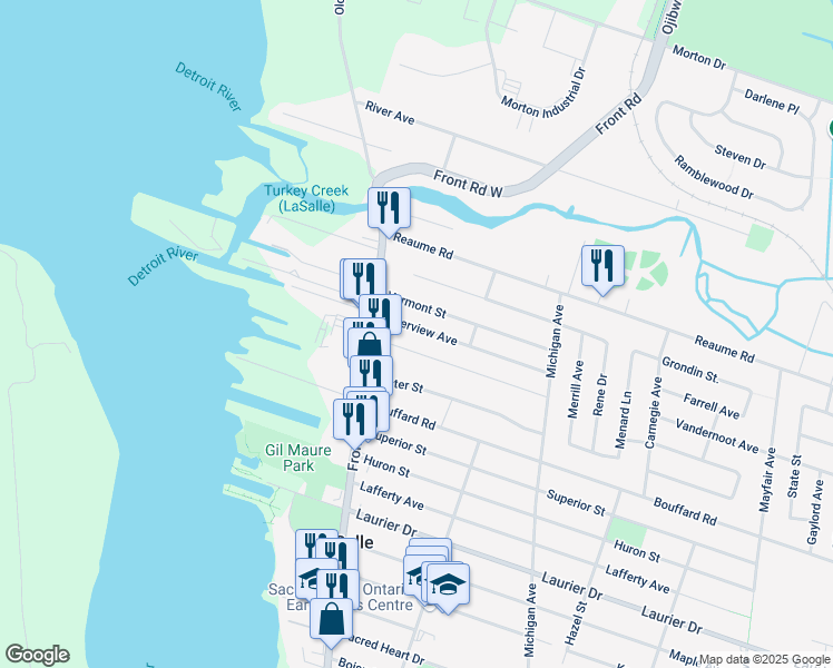 map of restaurants, bars, coffee shops, grocery stores, and more near 142 Riverview Avenue in Windsor