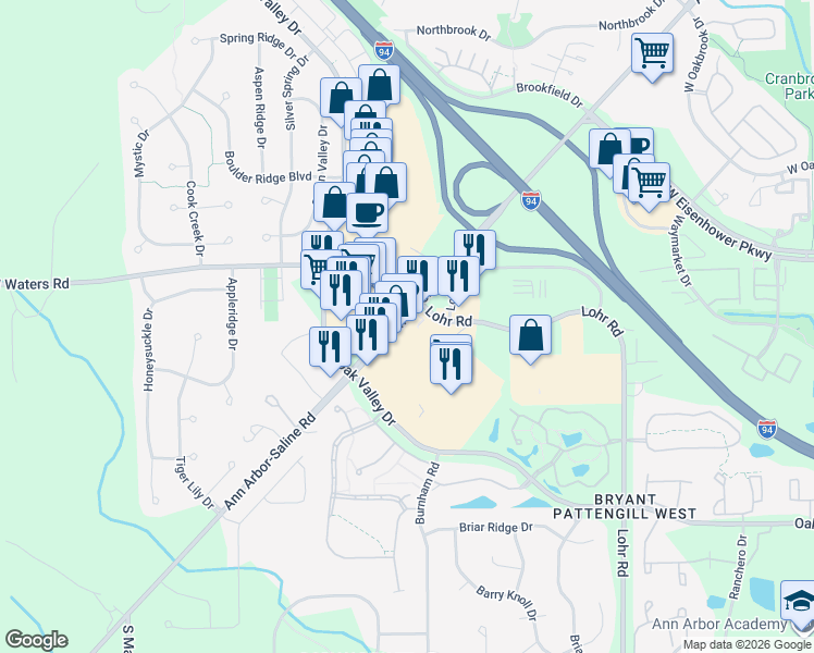 map of restaurants, bars, coffee shops, grocery stores, and more near 3141 Ann Arbor-Saline Road in Ann Arbor