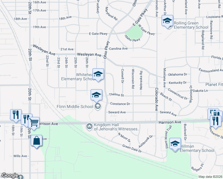 map of restaurants, bars, coffee shops, grocery stores, and more near 3255 Dartmouth Drive in Rockford