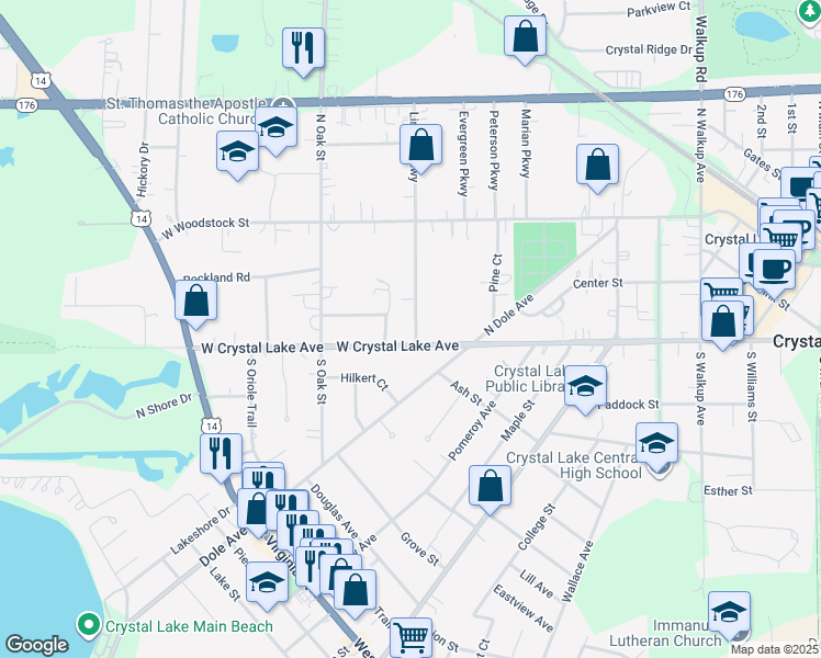 map of restaurants, bars, coffee shops, grocery stores, and more near 25 Lincoln Parkway in Crystal Lake