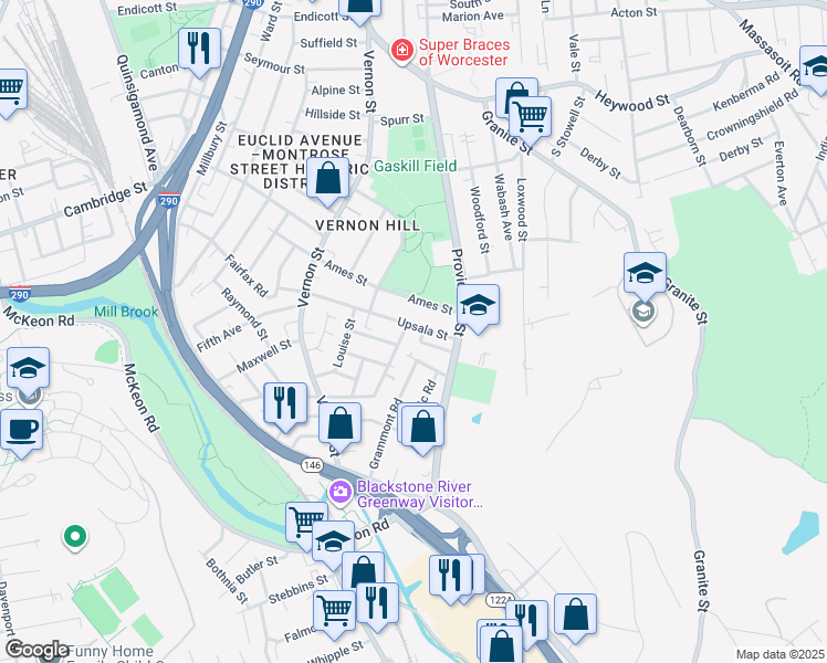 map of restaurants, bars, coffee shops, grocery stores, and more near 66 Upsala Street in Worcester