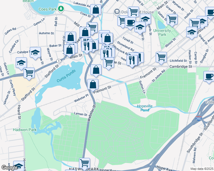 map of restaurants, bars, coffee shops, grocery stores, and more near 45 Fremont Street in Worcester